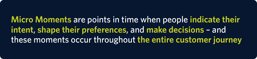 Micro Moments are points in time when people indicate their intent, shape their preferences, and make decisions – and these moments occur throughout the entire customer journey
