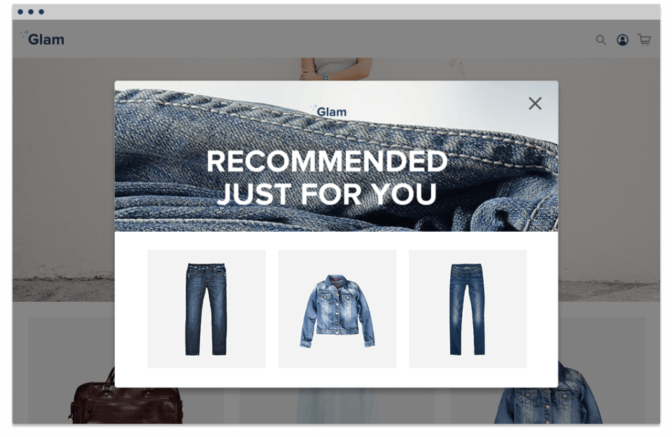 Website popup for demin products that shows recommendations for jeans and a jacket based on Marketing statistics to know for summer 2021